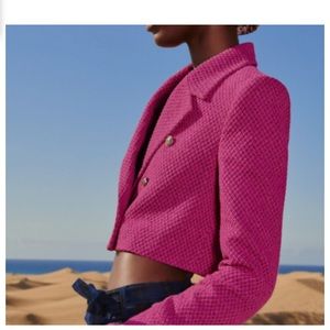 WOMEN NEW ZARA TEXTURED DOUBLE-BREASTED BLAZER JACKET CROPPED PLUM PINK 2010/725